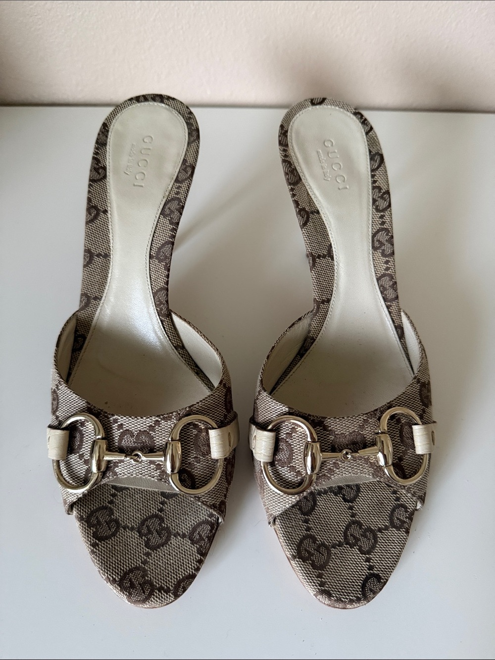 Gucci (Vintage Tom Ford Era) Beige Canvas Monogram Mule Heels 7